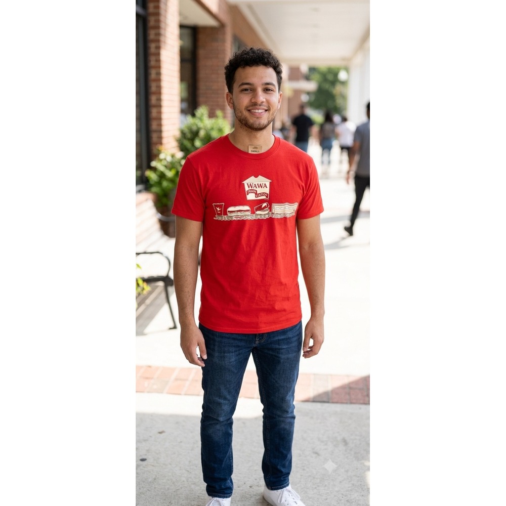 Wawa Train Station Graphic T Shirt Red Short Sleeve Mens Small Cotton Hoagie